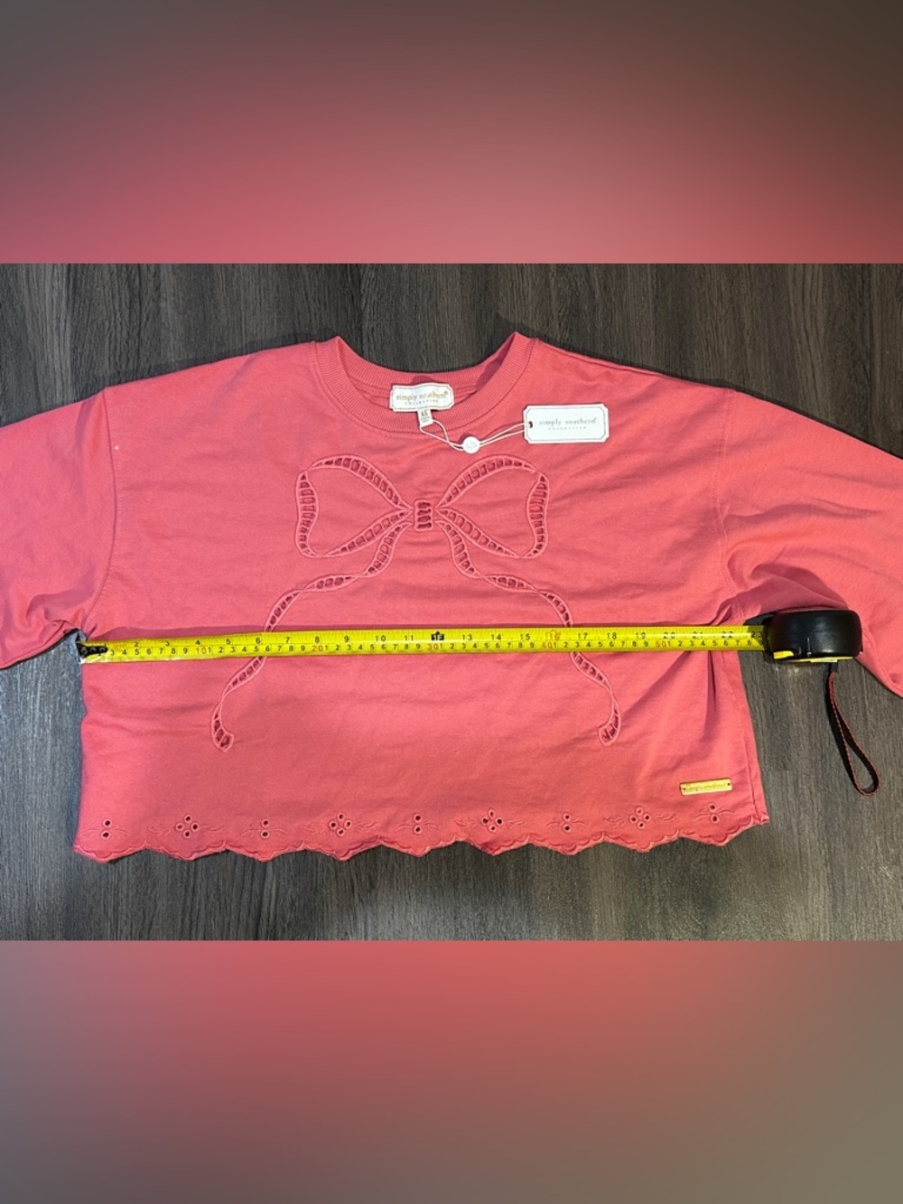 Pink Bow Embroidered Cropped Sweatshirt XS NWT Eyelet Scallop Hem - Picture 9 of 11
